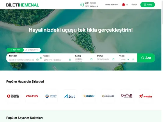 Biletihemenal.com sitesinin ana sayfası