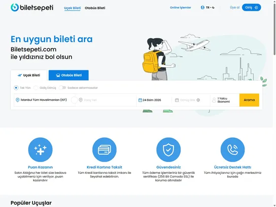 Biletsepeti.com sitesinin ana sayfası