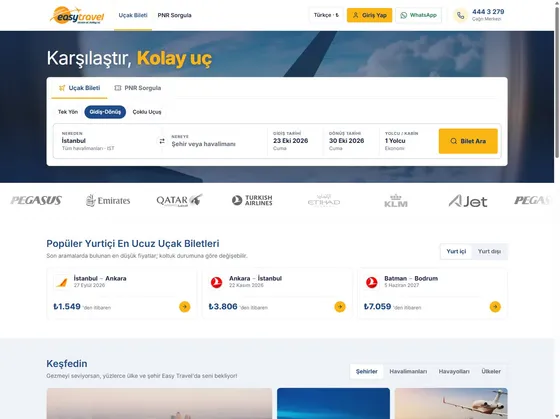 Easytravel.com.tr sitesinin ana sayfası