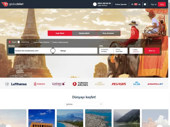 Globalbilet.com sitesinin ana sayfası