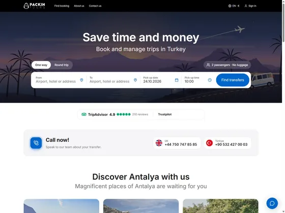 Packintours.co.uk sitesinin ana sayfası