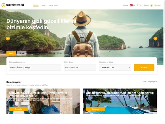 Traveltoworld.com sitesinin ana sayfası